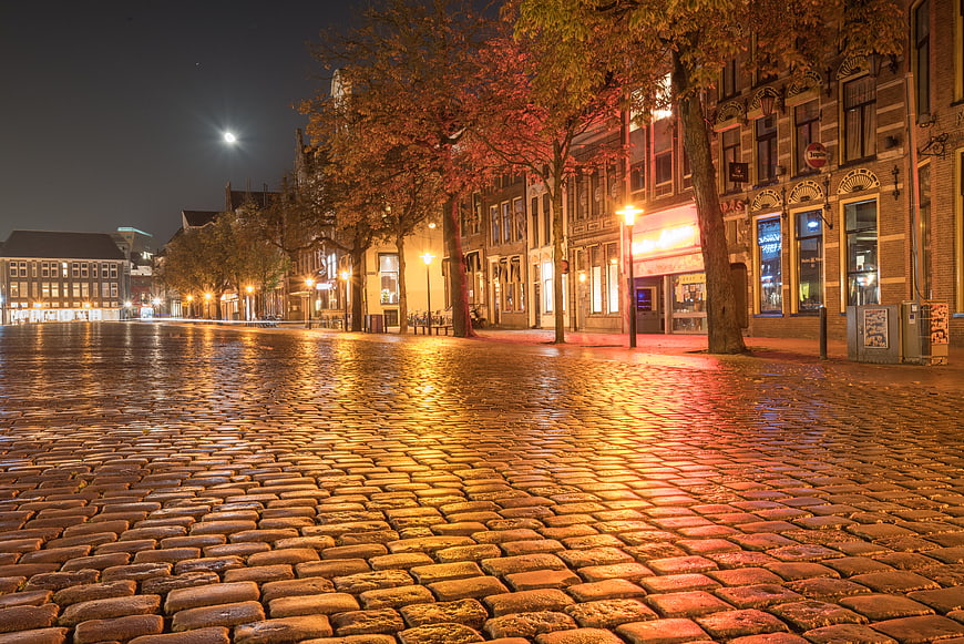 Wet cobblestone street at night with autumn trees and city lights