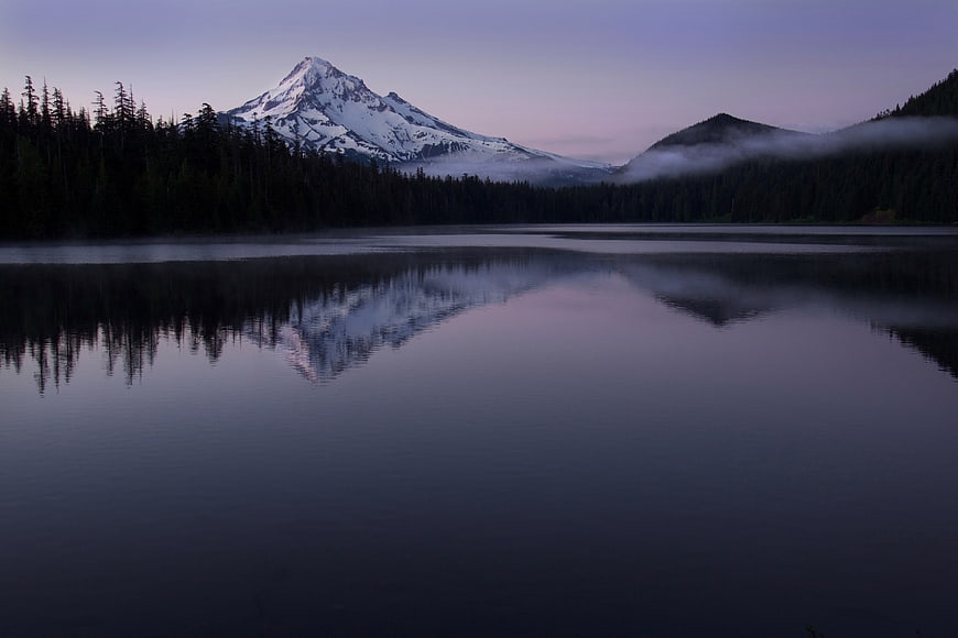 Serene Lake Reflection of Snow-Capped Mountain at Dusk