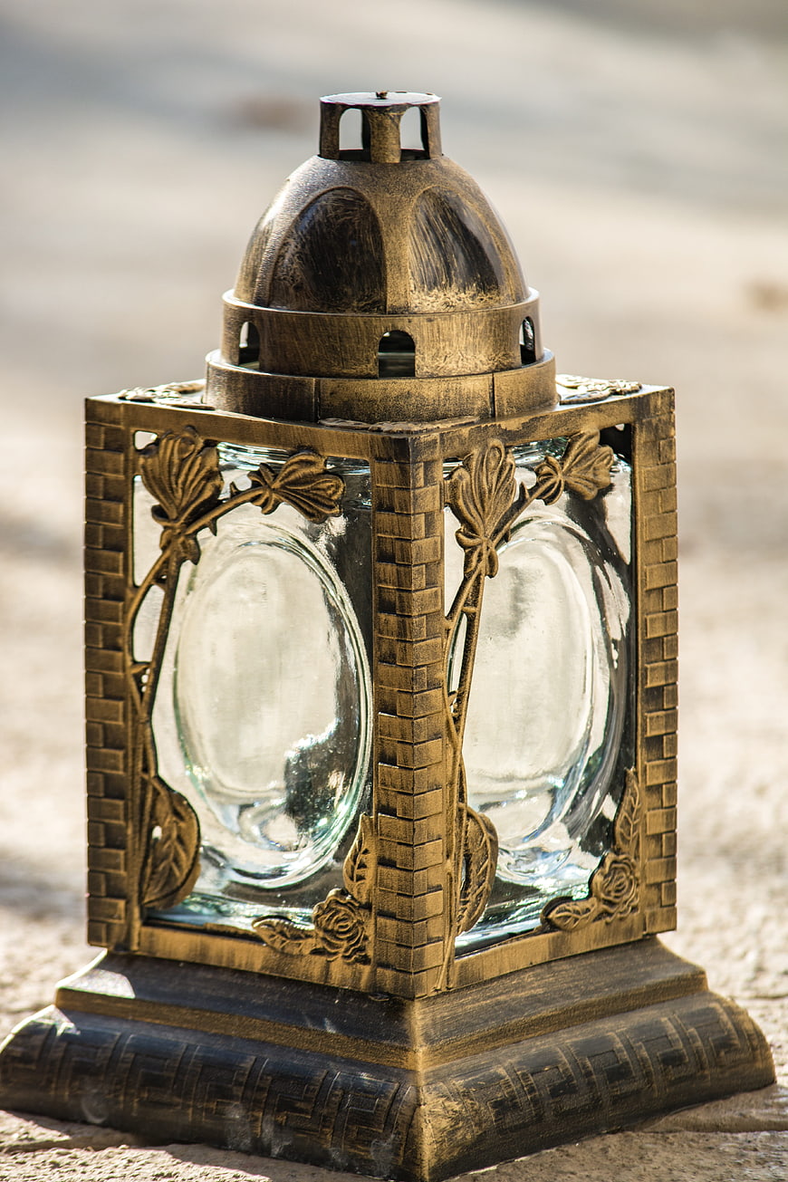 Vintage Brass Lantern with Glass Panels and Floral Details