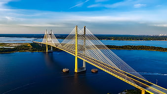 Aerial View of Yellow Cable-Stayed Bridge Over Blue Water