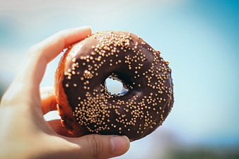 Hand Holding Chocolate Sprinkled Donut Against Blue Sky