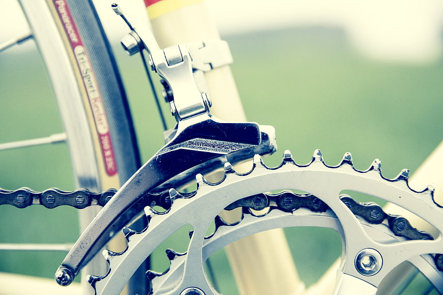 Close-up of vintage bicycle chain and derailleur mechanism