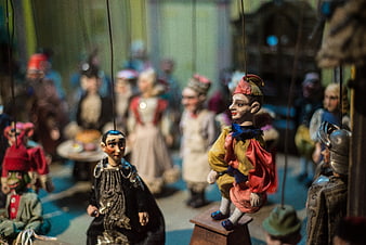 Traditional Czech Marionettes Hanging in Theater Display