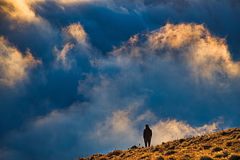 Man Standing on Hill Silhouette Against Dramatic Clouds