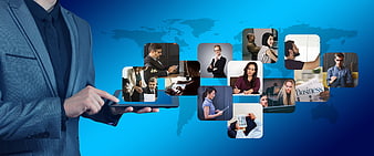 Businessman Holding Tablet With Floating Business Photos On Blue World Map Background