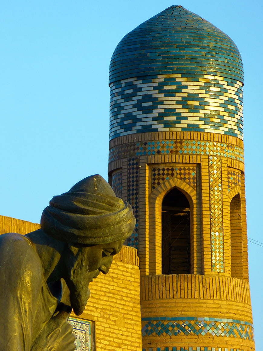 Statue of Al-Khwarizmi with Khiva Minaret Background