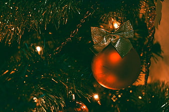 Close-up of Christmas Tree Ornament with Gold Bow and Lights