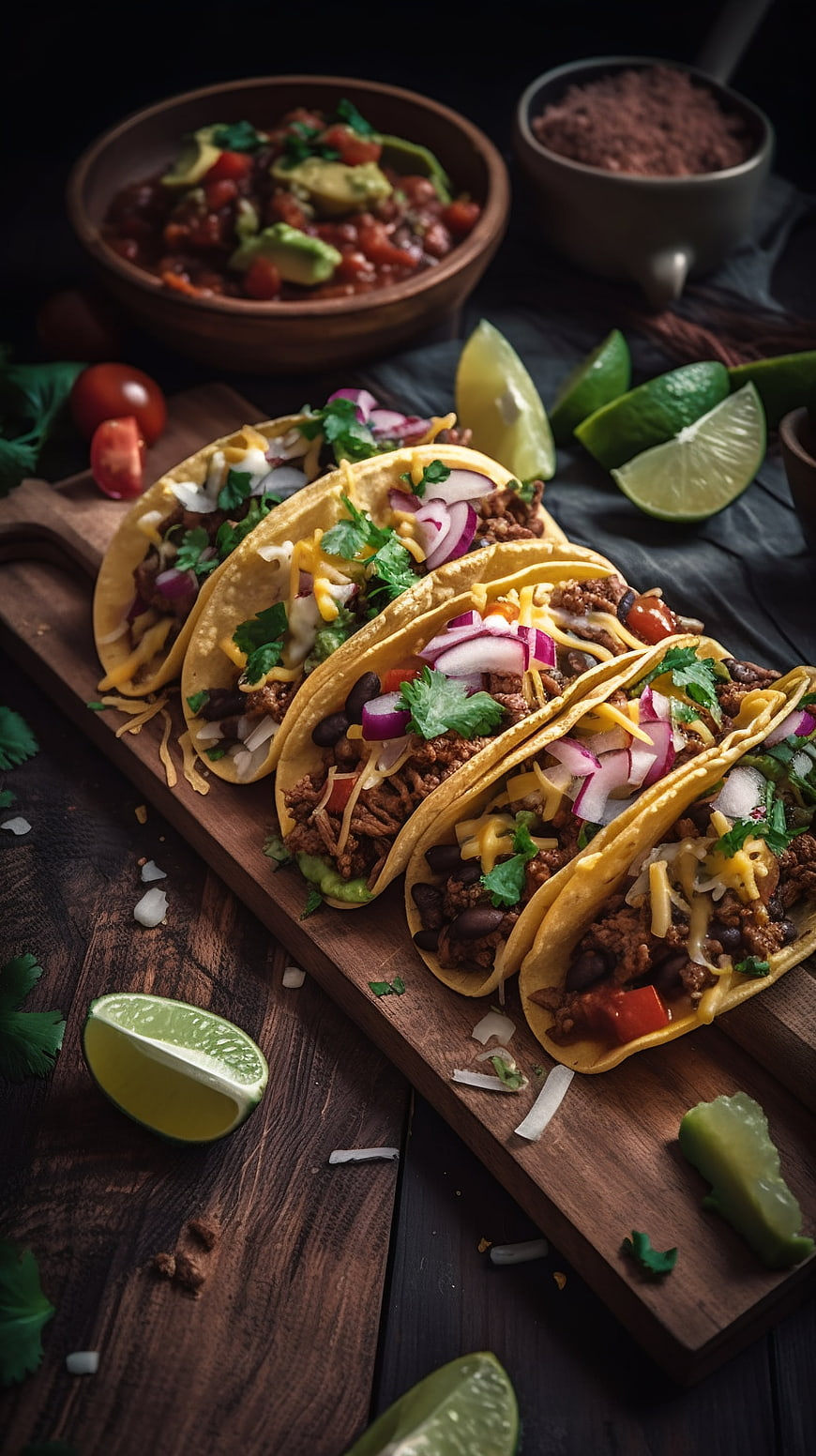 Delicious Meat Tacos with Fresh Toppings on Wooden Board