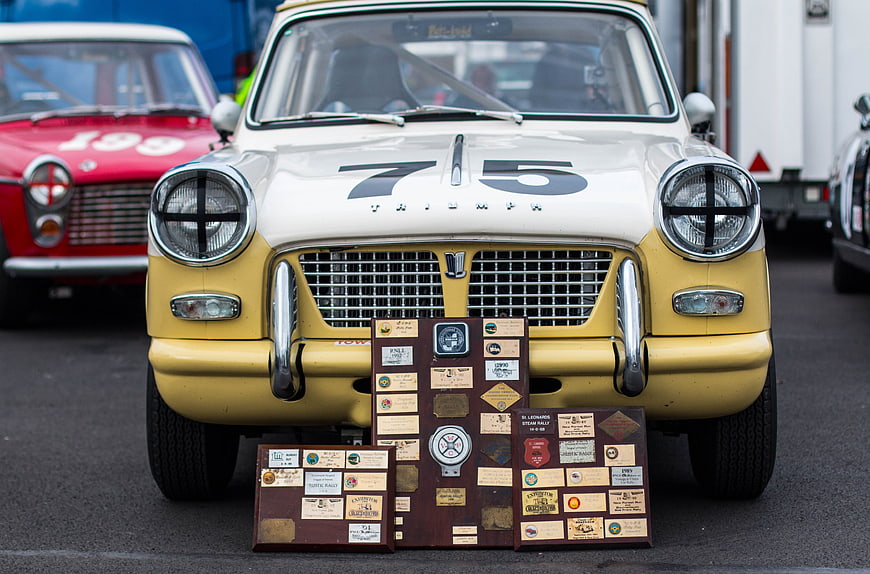 Vintage Triumph Herald Race Car with Rally Plaque