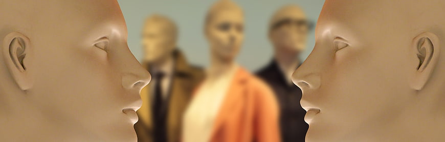 Conceptual 3D Render of Mannequin Heads in Profile with Blurred Background