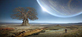 Surreal fantasy landscape with giant tree and planet in sky