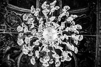 Black and white crystal chandelier hanging in ornate interior