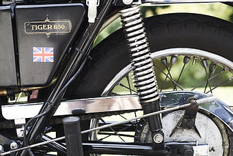 Close-up of Vintage Tiger 650 Motorcycle Rear Wheel and Suspension