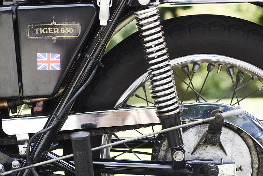 Close-up of Vintage Tiger 650 Motorcycle Rear Wheel and Suspension