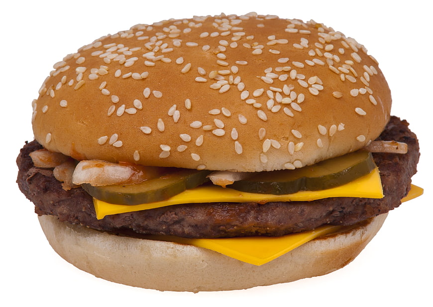 Cheeseburger with pickles and onions on sesame bun