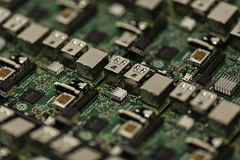 Close-up of Raspberry Pi circuit board with USB ports