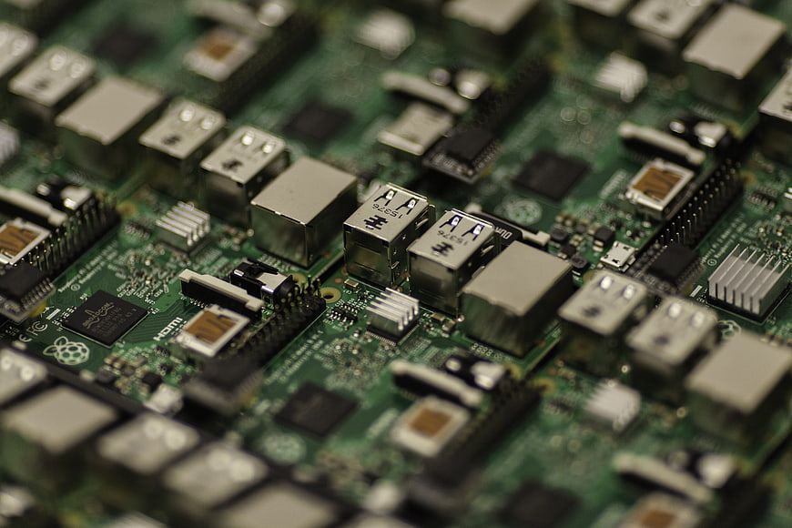 Close-up of Raspberry Pi circuit board with USB ports