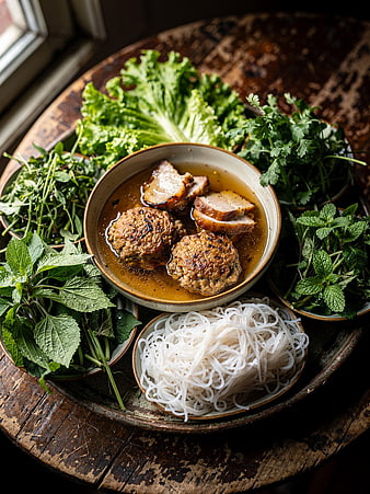 Vietnamese Pork Meatballs with Fresh Herbs and Rice Noodles
