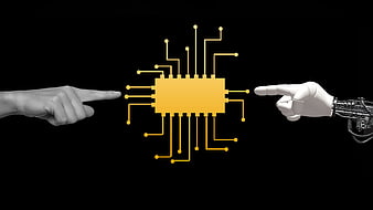 Human and Robot Hands Pointing at Central AI Chip