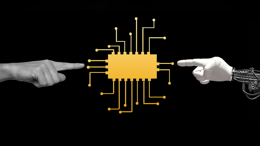 Human and Robot Hands Pointing at Central AI Chip