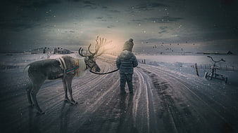 Child Walking with Reindeer in Snowy Winter Landscape