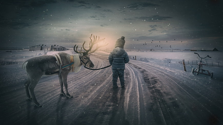 Child Walking with Reindeer in Snowy Winter Landscape