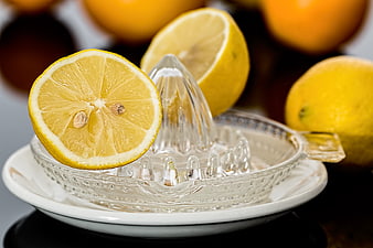Fresh Lemon Slices on Glass Juicer with Oranges
