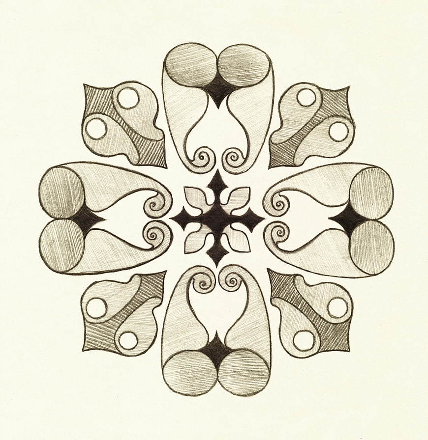 Symmetrical pencil drawing of an ornate oriental pattern