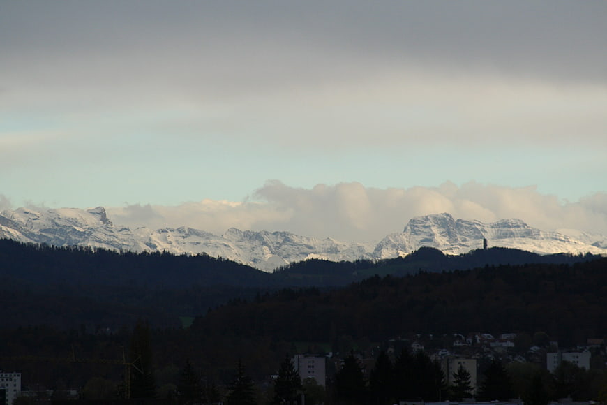 Snow-capped mountain range with dark forest foreground