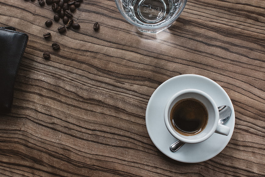 Top View Espresso Coffee Cup on Wooden Table
