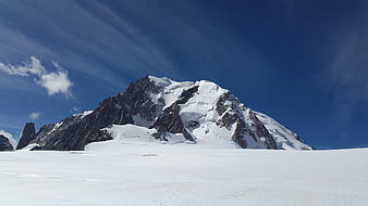 Snowy Mountain Peak Against Blue Sky with Clouds