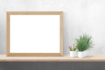 Wooden Picture Frame Mockup on Shelf with Plants