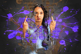 Angry woman with middle fingers and purple paint splatter
