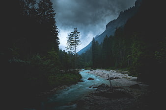 Dramatic Alpine River Flowing Through Dark Forest