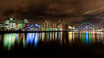 Gateshead Quays Night Skyline with Sage Gateshead and Tyne Bridge Reflections