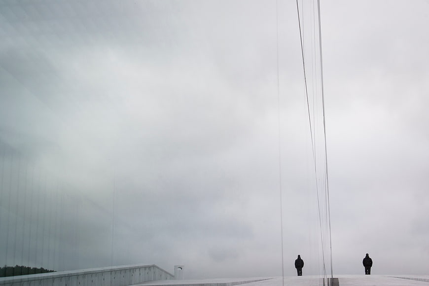Minimalist Silhouettes on Modern Rooftop Under Overcast Sky