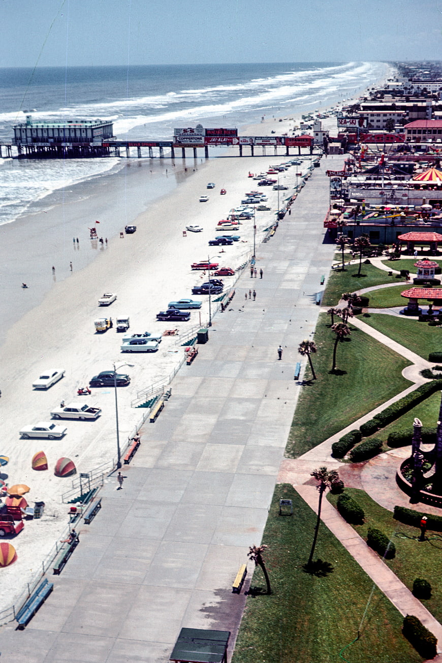 Vintage aerial view of Huntington Beach pier and boardwalk