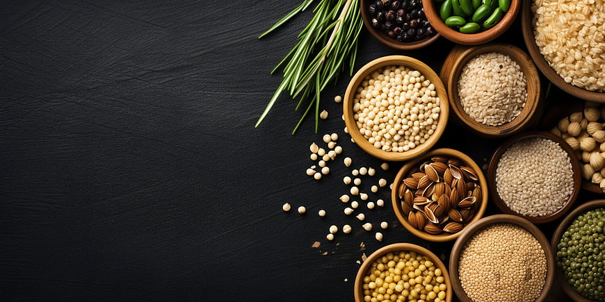 Assorted healthy seeds and spices in wooden bowls on dark background