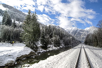 Snowy train tracks winding through Austrian Alps winter landscape
