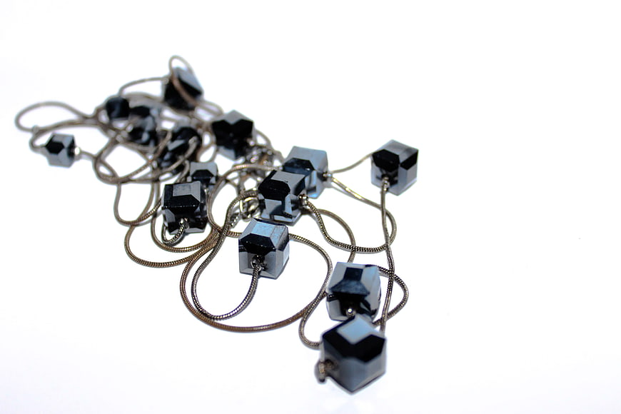 Black Geometric Gemstone Necklaces on Silver Chains