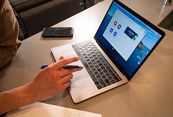Person using laptop for virtual meeting on desk