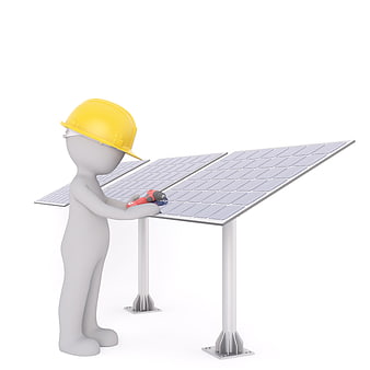 3D worker installing solar panels on white background