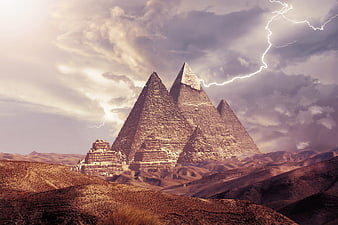 Dramatic Fantasy Pyramids In Desert Storm With Lightning