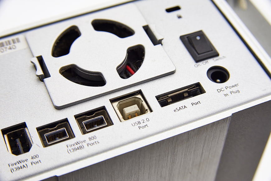Close-up of External Hard Drive Ports and Power Switch