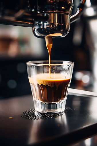 Espresso pouring into a glass cup with crema