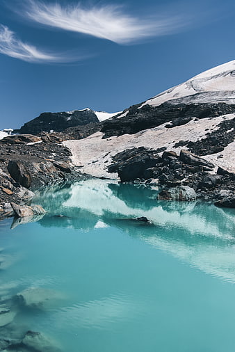 Turquoise glacial lake reflecting snow-capped mountains and blue sky