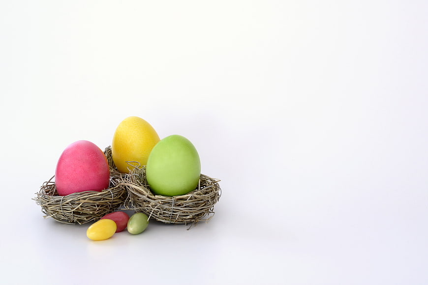 Colorful Easter Eggs in Nest on White Background