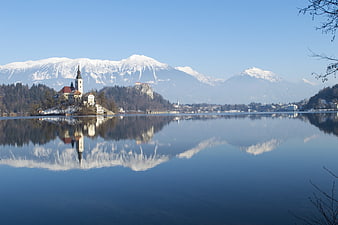 Lake Bled Winter Landscape with Church Island and Snowy Alps