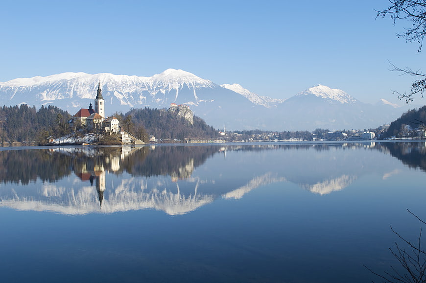 Lake Bled Winter Landscape with Church Island and Snowy Alps