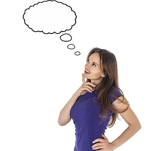 Young woman thinking with thought bubble on white background
